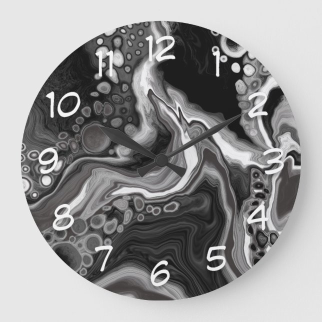 Grande Horloge Ronde Noir et Marbre blanc Digital Fluid Art (Recto)