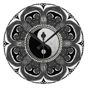 Grande Horloge Ronde Noir+Nouveau symbole d'âge de fleur tribale