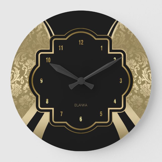 Grande Horloge Ronde Noir & Or Damas conception géométrique (Recto)