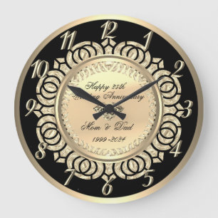 Grande Horloge Ronde Noir tourbillons dorés 25e anniversaire de mariage