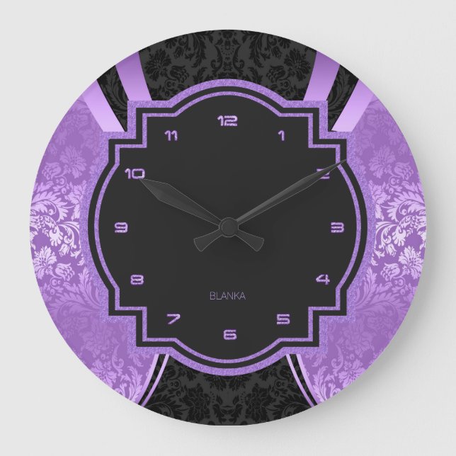 Grande Horloge Ronde Noir & Violet Damas Conception géométrique (Recto)