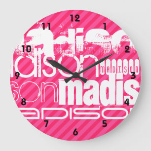 Grande Horloge Ronde Nom blanc personnalisé Motif sur bandes roses chau