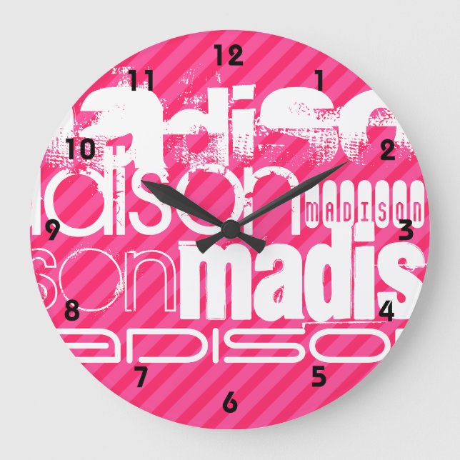 Grande Horloge Ronde Nom blanc personnalisé Motif sur bandes roses chau (Recto)