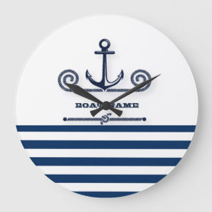 Grande Horloge Ronde Nom de bateau nautique,Ancre,Corde, Rayures bleu m