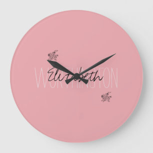 Grande Horloge Ronde Nom de calligraphie florale féminine rose blush ro