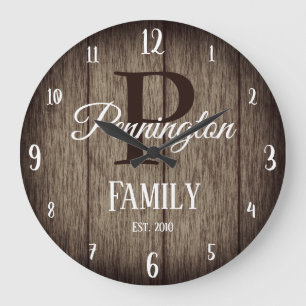 Grande Horloge Ronde Nom de famille avec monogramme Texture de bois rus