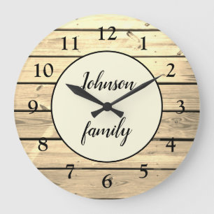 Grande Horloge Ronde Nom de famille de bois clair élégant et rustique