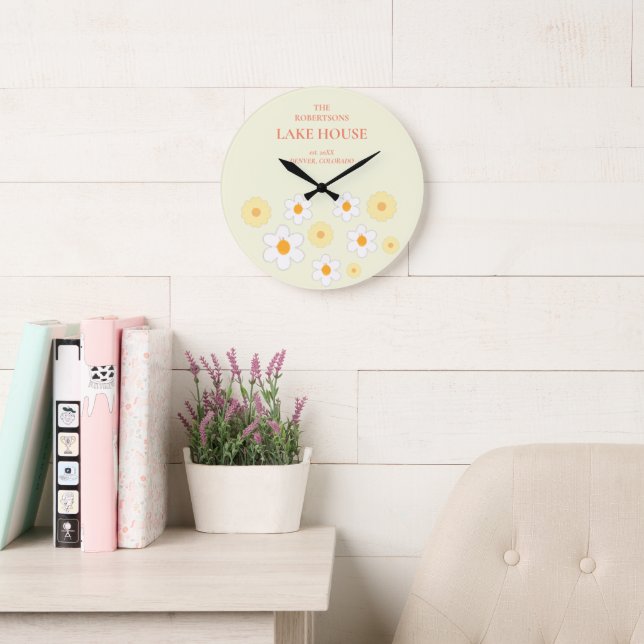 Grande Horloge Ronde Nom de famille de Retro Floral (Salle de lecture)