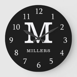 Grande Horloge Ronde Nom de famille monogramme moderne noir et blanc