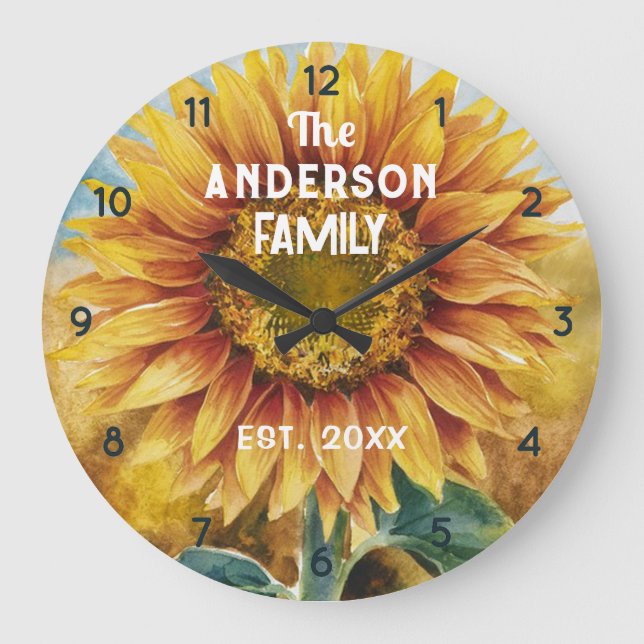 Grande Horloge Ronde Nom de famille personnalisé Farmhal Tournesol Aqua (Recto)