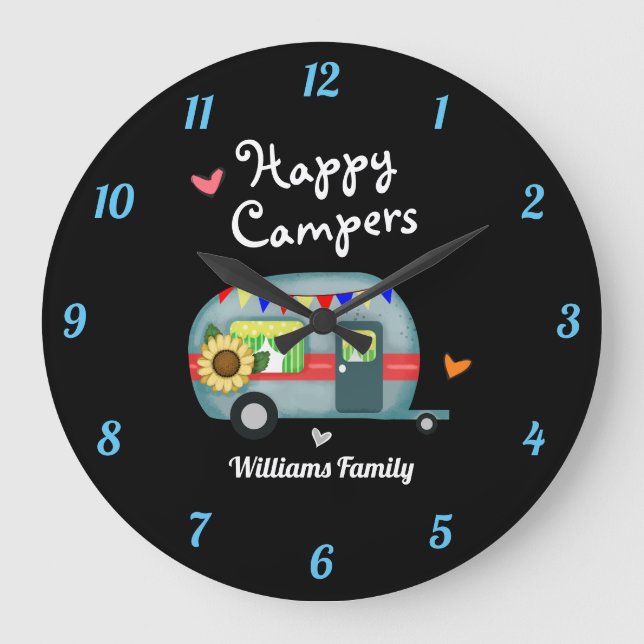 Grande Horloge Ronde Nom de famille personnalisé Happy Campers (Recto)