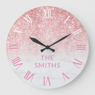 Grande Horloge Ronde Nom de famille personnalisé Rose Parties scintill