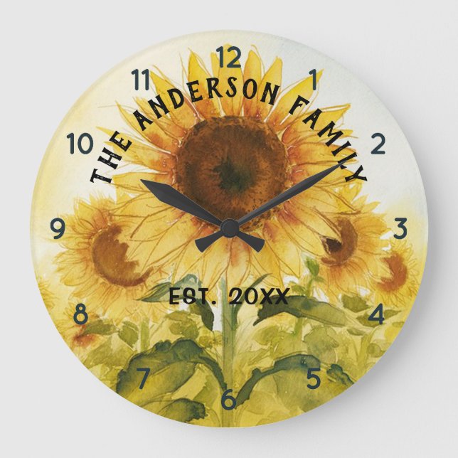 Grande Horloge Ronde Nom de famille personnalisé Tournesol Aquarelle (Recto)