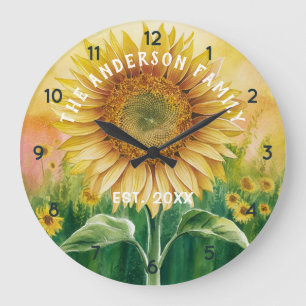 Grande Horloge Ronde Nom de famille personnalisé Tournesol Aquarelle