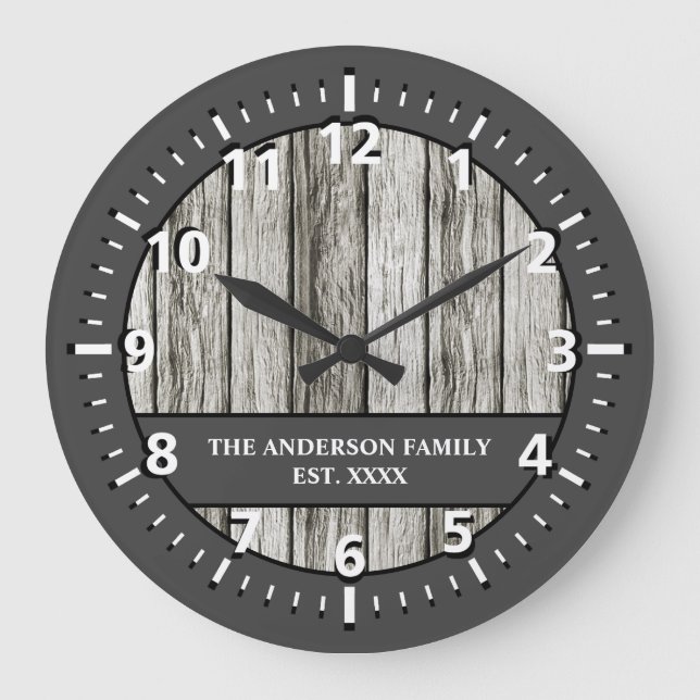 Grande Horloge Ronde Nom de famille rustique en faux bois gris blanc (Recto)