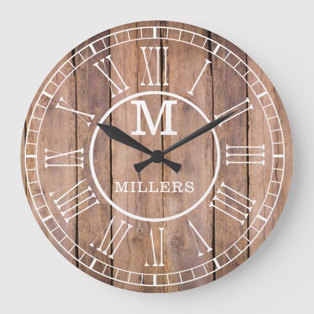 Grande Horloge Ronde Nom de famille rustique Monogramme Bois Brown (Recto)