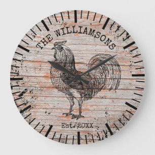 Grande Horloge Ronde Nom de famille rustique vintage bois ferme coq