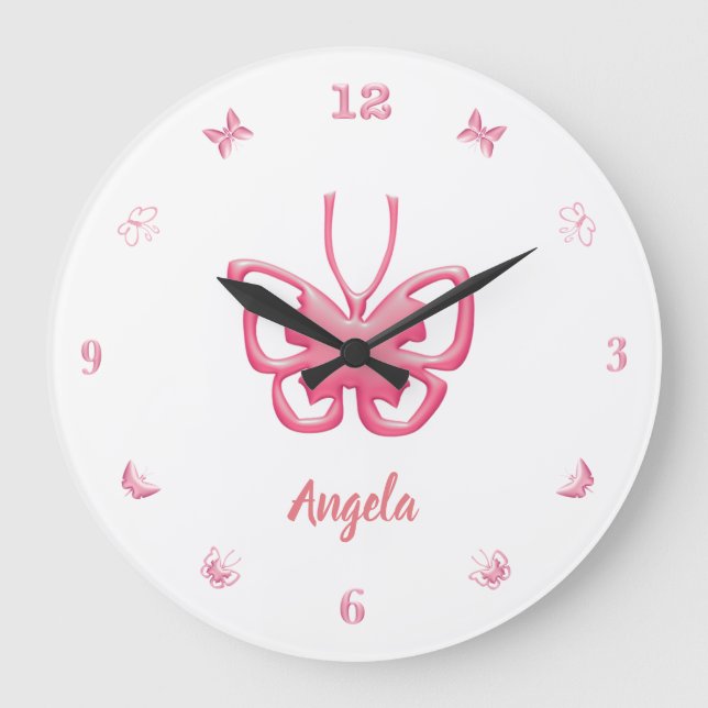 Grande Horloge Ronde Nom de la Personnaliser Papillons roses Filles (Recto)