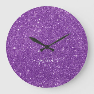 Grande Horloge Ronde Nom de script de parties scintillant violet élégan