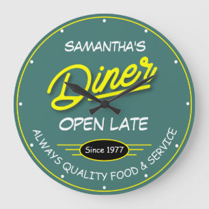 Grande Horloge Ronde Nom Diner Date Slogan Jaune Retro Signal Turquoise