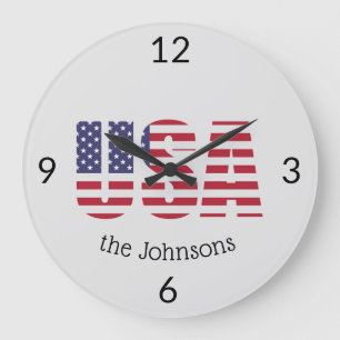 Grande Horloge Ronde Nom, Drapeau Patriotique USA 10,75 po