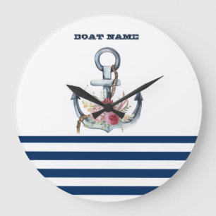 Grande Horloge Ronde Nom du bateau, fleurs d'ancre bleu marine rayé