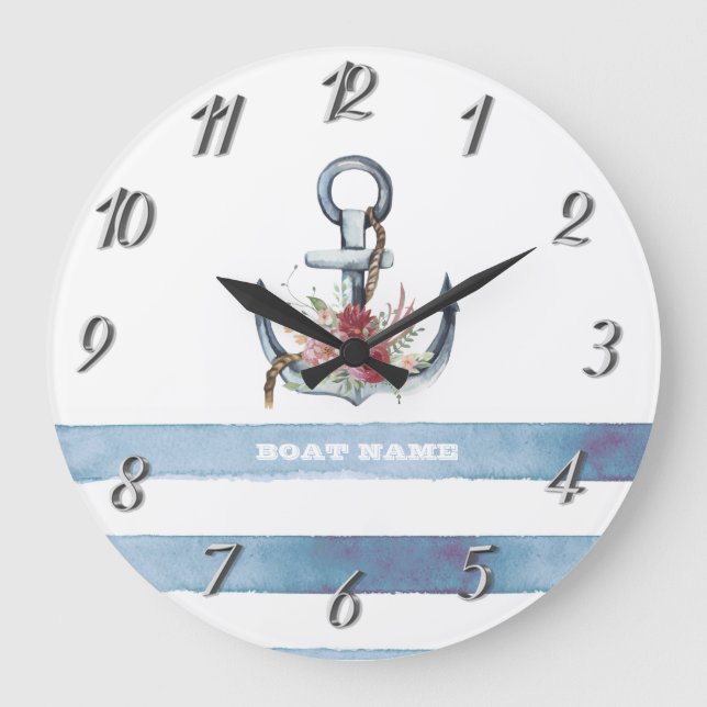 Grande Horloge Ronde Nom du bateau nautique, Fleurs d'Ancres rayures (Recto)