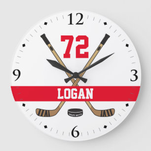 Grande Horloge Ronde Nom du joueur de hockey personnalisé Numéro roug