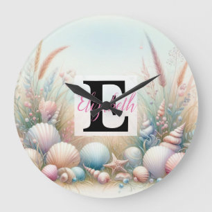 Grande Horloge Ronde Nom du monogramme sur l'aquarelle Fleurs coquillag
