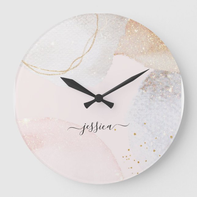 Grande Horloge Ronde Nom du script d'art abstrait rose-brousse moderne (Recto)