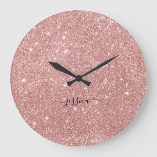 Grande Horloge Ronde Nom du script de parties scintillant or rose éléga