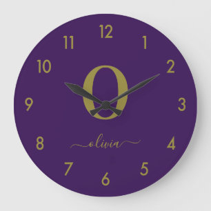 Grande Horloge Ronde Nom Du Script Monogramme Personnalisé Purple Et Or