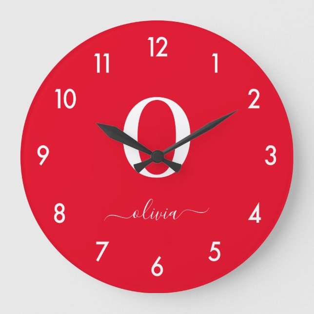 Grande Horloge Ronde Nom du script Monogramme Personnalisé Rouge Et Bla (Recto)