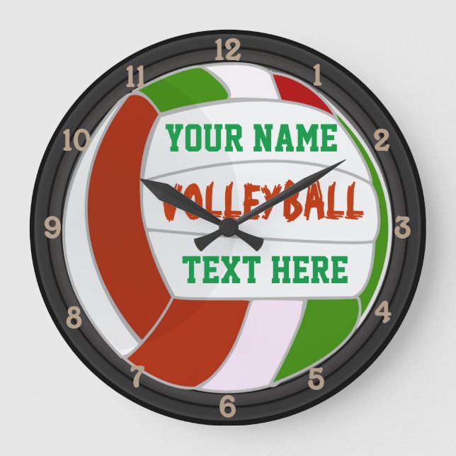Grande Horloge Ronde Nom et texte personnalisés de volleyball (Recto)