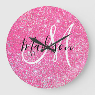 Grande Horloge Ronde Nom Monogramme Paillettes Rose Chaud Glamour Fémin