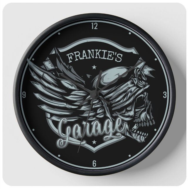 Grande Horloge Ronde Nom personnalisé Biker Skull Wings Motorcycle Gara (Créateur téléchargé)
