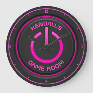 Grande Horloge Ronde NOM PERSONNALISÉ Bouton d'alimentation Neon Pannea