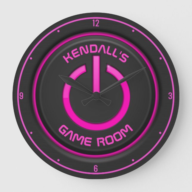 Grande Horloge Ronde NOM PERSONNALISÉ Bouton d'alimentation Neon Pannea (Recto)