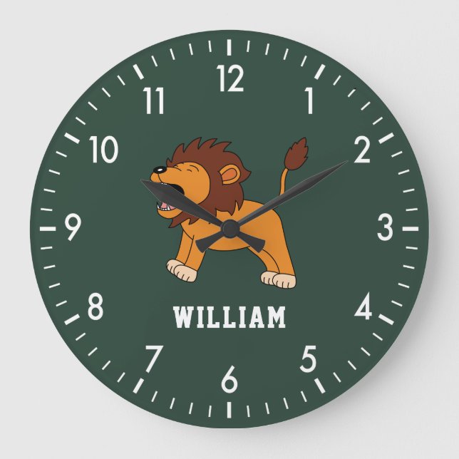 Grande Horloge Ronde Nom Personnalisé Cute Lion Retour À L'École (Recto)