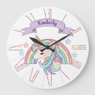 Grande Horloge Ronde Nom personnalisé Cute Pastel Unicorn & Sparkly Rai