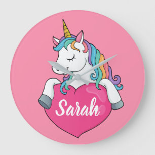 Grande Horloge Ronde Nom personnalisé Cute Unicorn 