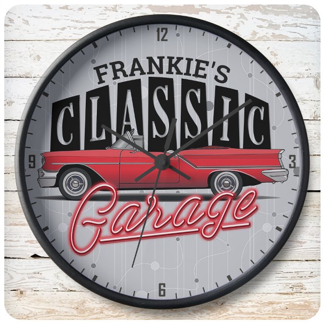 Grande Horloge Ronde Nom personnalisé Faux Neon Classic Car Garage papa (Créateur téléchargé)