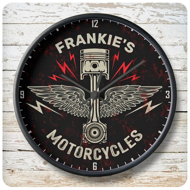 Grande Horloge Ronde Nom personnalisé Motorcycle Piston Wings Biker Gar (Créateur téléchargé)