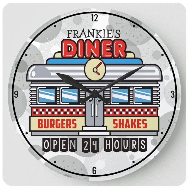 Grande Horloge Ronde Nom personnalisé Retro les années 50 Diner Signer  (Créateur téléchargé)