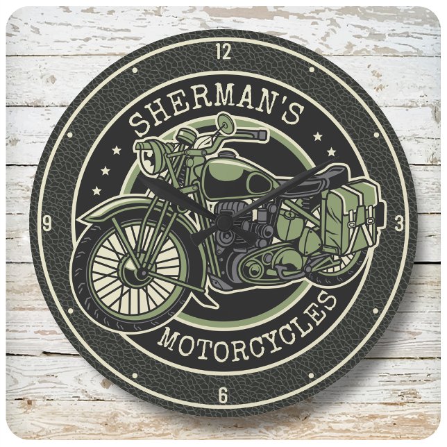 Grande Horloge Ronde NOM personnalisé Retro Military Motorcycle Biker (Créateur téléchargé)