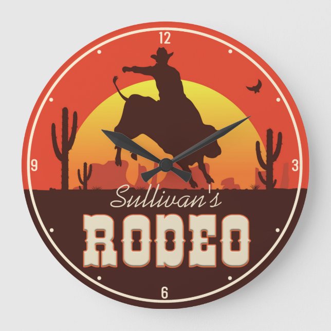 Grande Horloge Ronde NOM personnalisé Western Cowboy Bull Rider Rodeo (Recto)