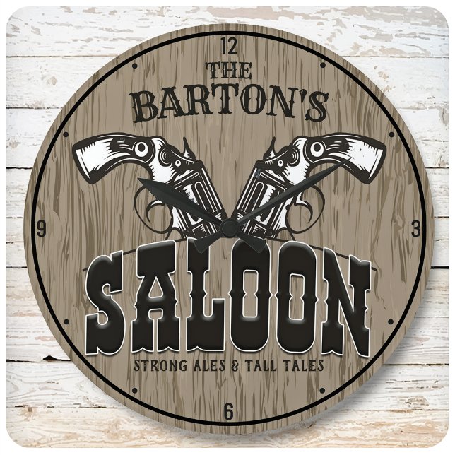 Grande Horloge Ronde NOM PERSONNALISÉ Wild West Gun Revolver Saloon (Créateur téléchargé)