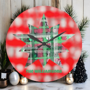 Grande Horloge Ronde Nom script star festive plaid rouge vert blanc