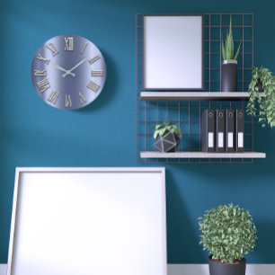 Grande Horloge Ronde Nombre romain argenté gris en métal gris bleu de