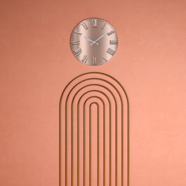 Grande Horloge Ronde Nombres romains argentés maigres d'or en métal (Rose Gold Relief Metal Skinny Silver Roman Numbers Large Clock)